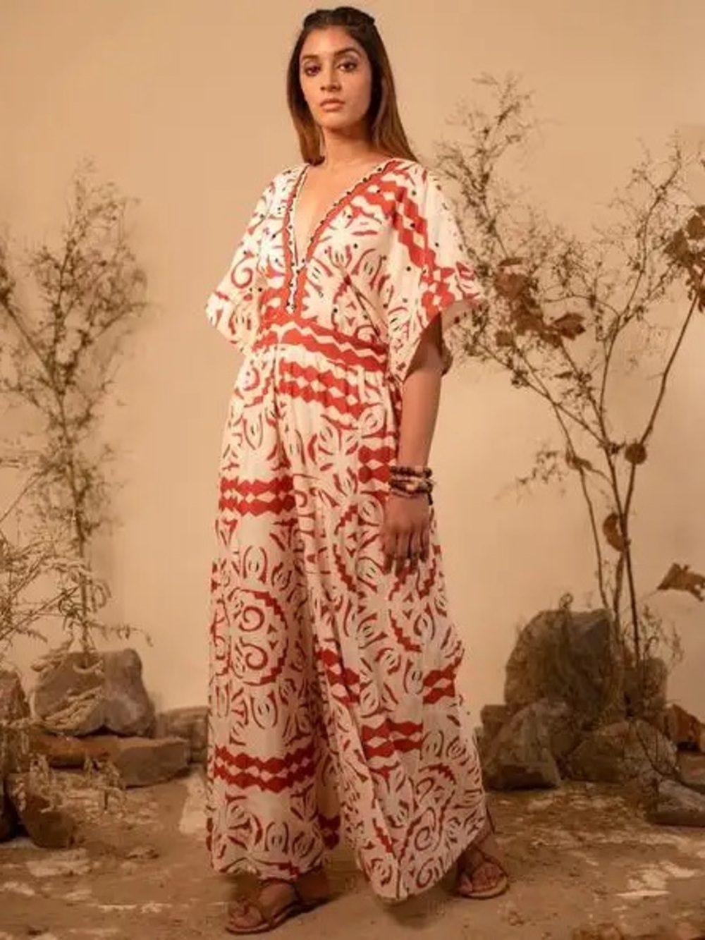 Anisa Spain Beaded Embellished Wide Leg Jumpsuit Tassel Ties Resort Boho M/L